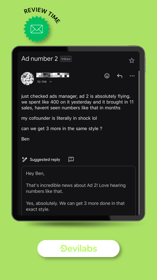 DeviLabs client review — DTC brand owner Marc on significant CPA drop and improved ad performance after switching to DeviLabs creative