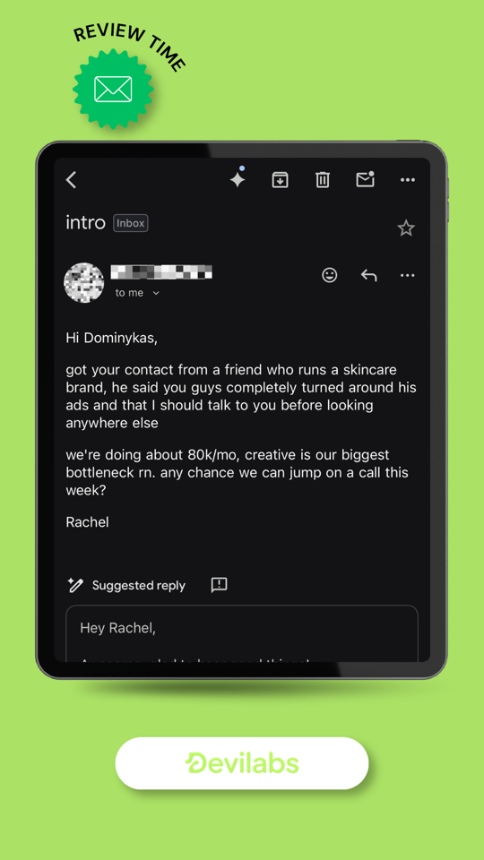 DeviLabs client testimonial — James confirming new video ads landed well, scaling 2 winning ads, business partner asked if a UGC creator was hired