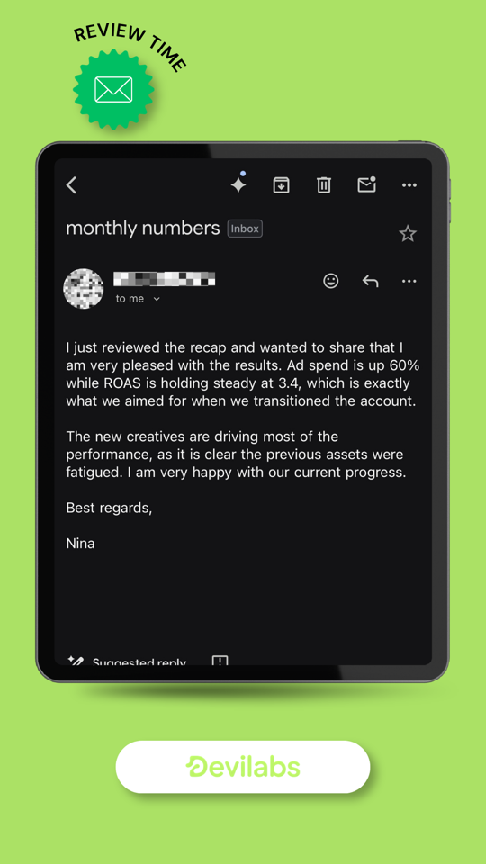 DeviLabs client message — Sophie praising new ad creatives, with one ad outperforming everything else in the account by a significant margin