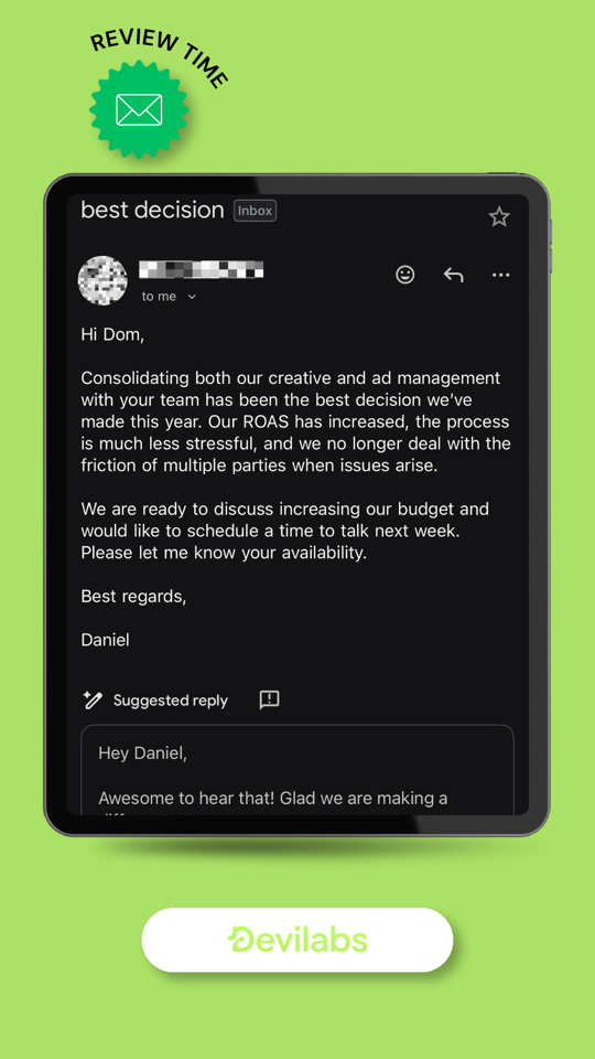 DeviLabs Lithuanian client testimonial — ecommerce founder confirming ads working well, CPA dropped, team satisfied, planning to increase budget