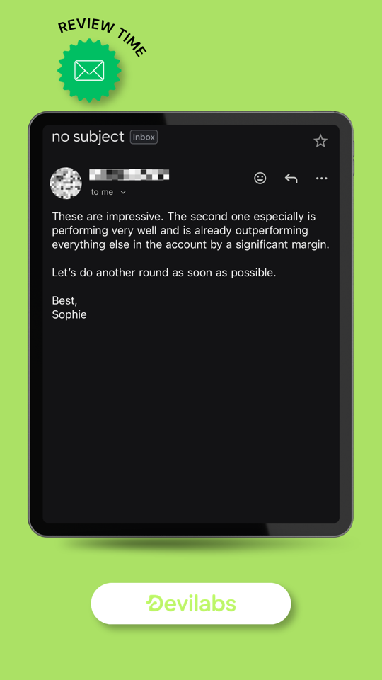 DeviLabs client review — Daniel calling DeviLabs the best decision of the year for consolidating creative and ad management with improved ROAS