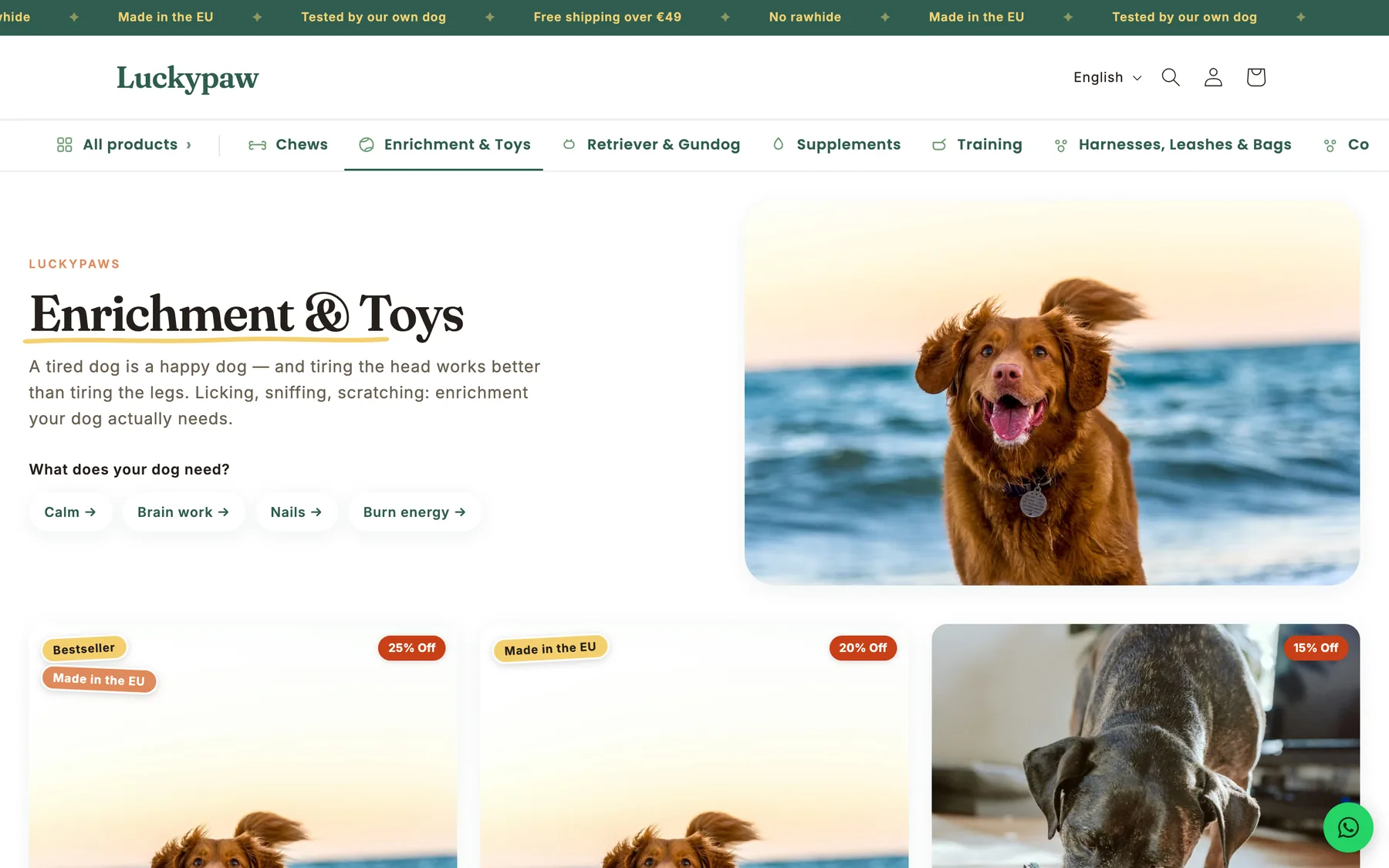 The Luckypaw enrichment and toys collection page on luckypaw.eu