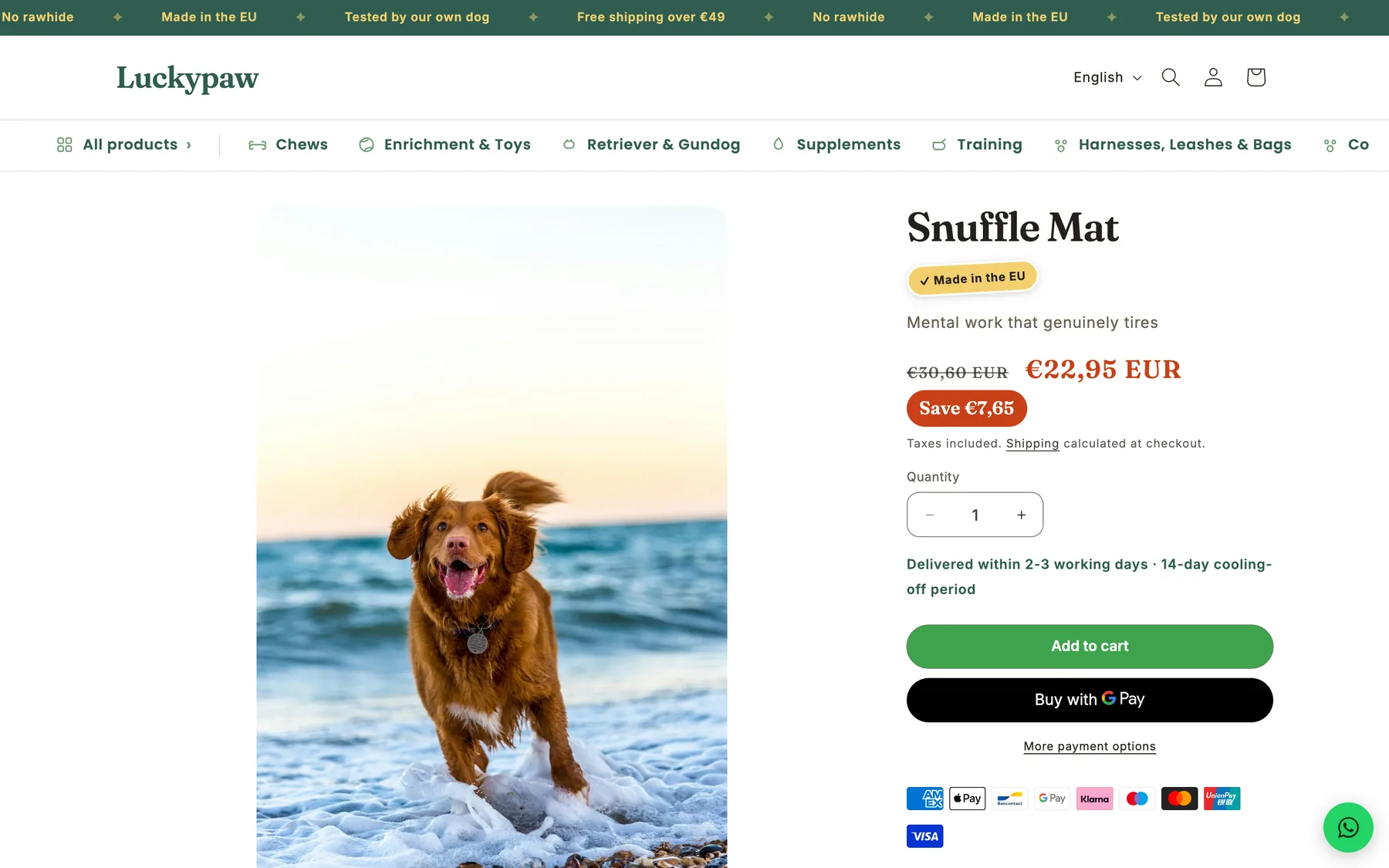 The Luckypaw snuffle mat product page, with price, delivery time and payment options