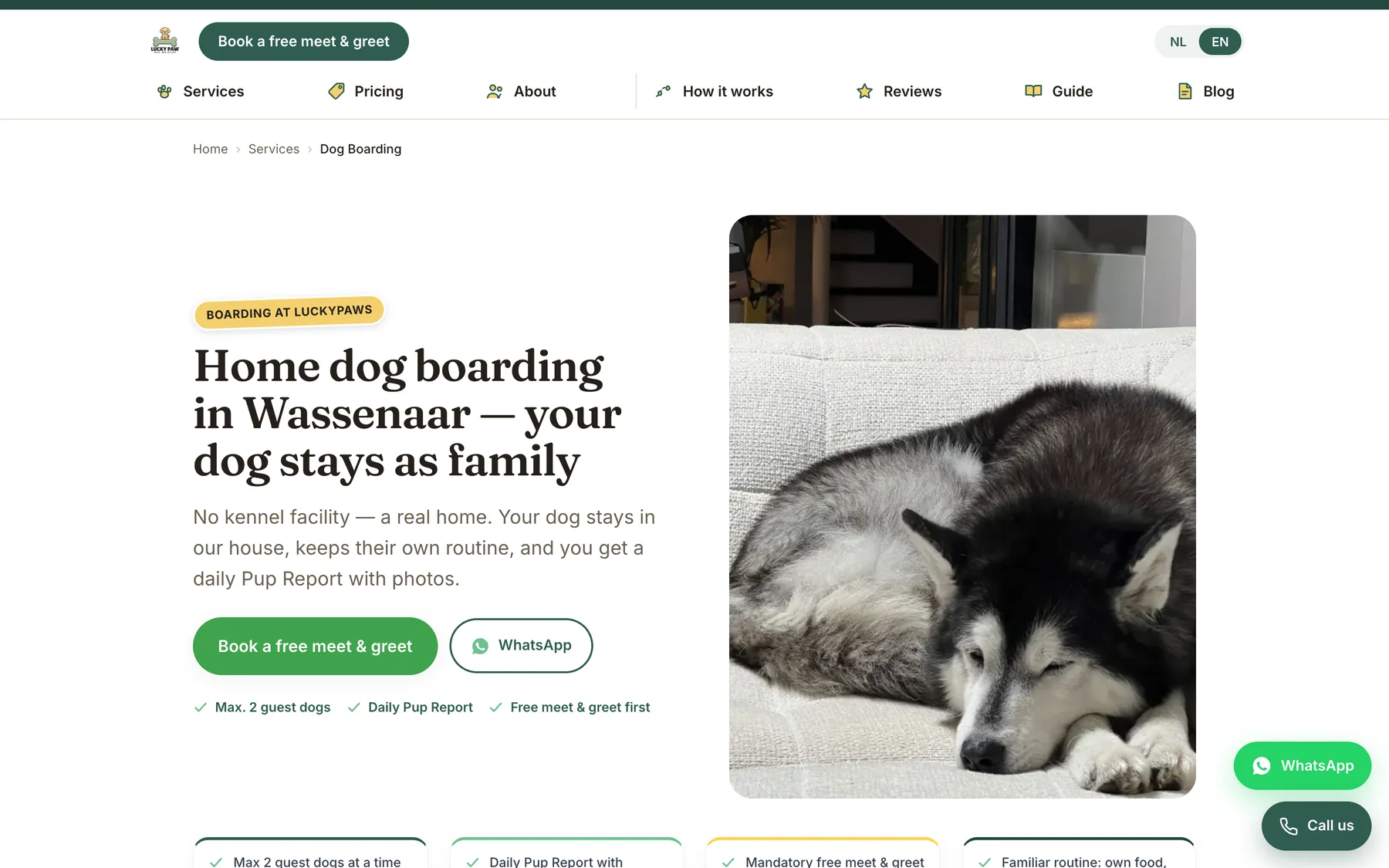 The LuckyPaw dog boarding service page