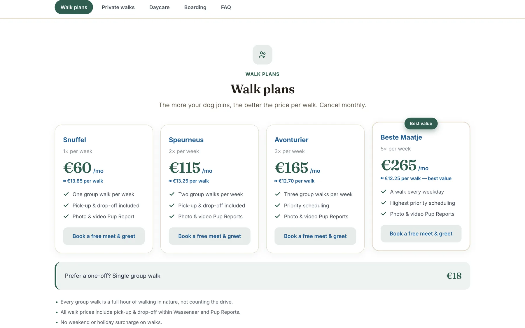 The LuckyPaw pricing page, showing the four walk plans and their monthly prices